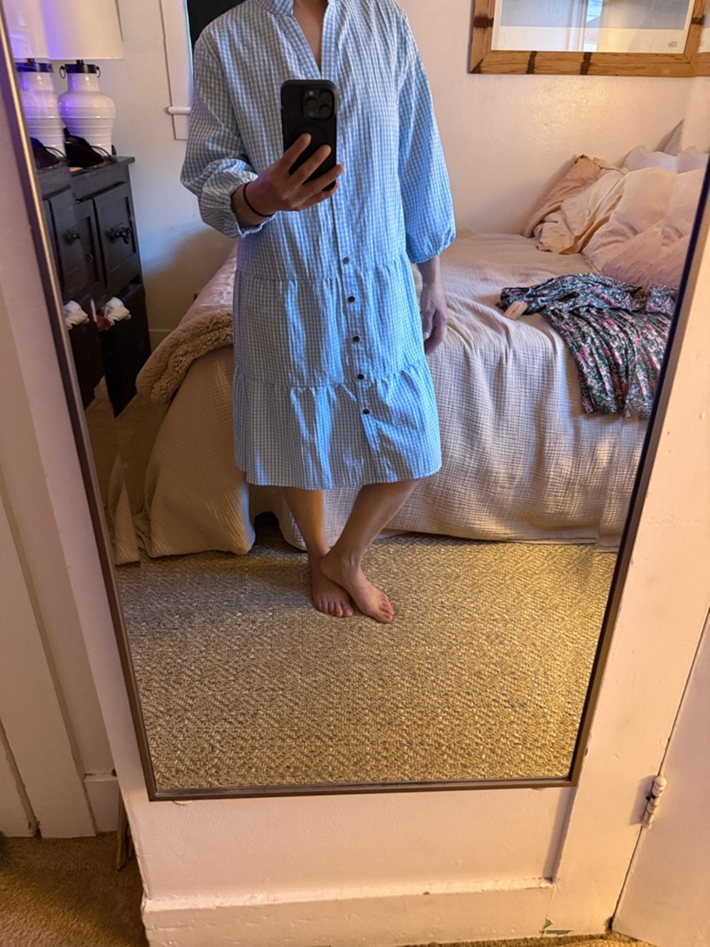 Light Blue Gingham Long Sleeve Button-Front Dress